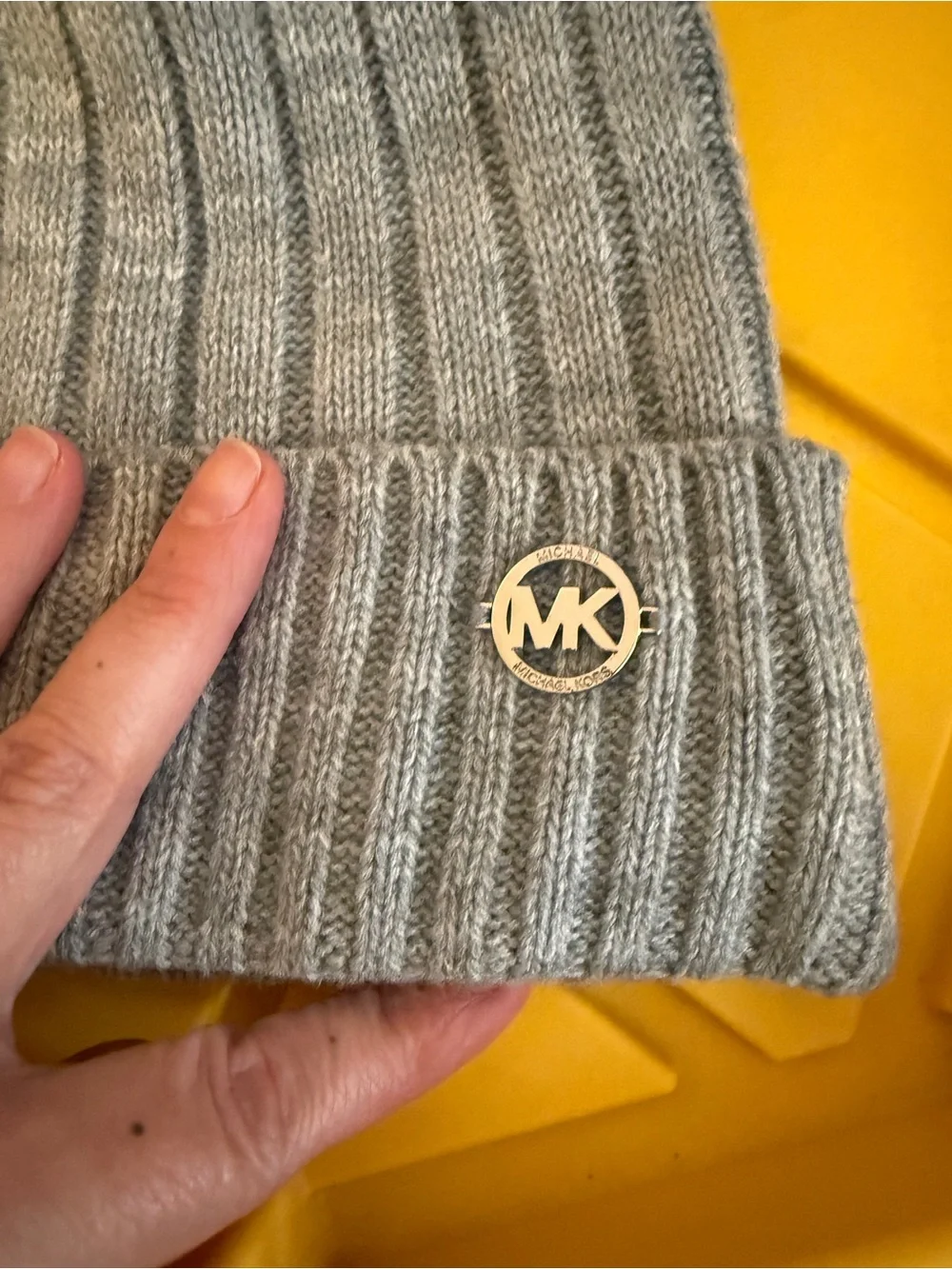 Michael Kors Light Gray Ribbed Pom Beanie with Logo Medallion